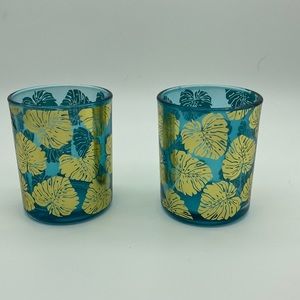 Glass Monstera Leaf Design Metallic Gold Teal Candle Votive